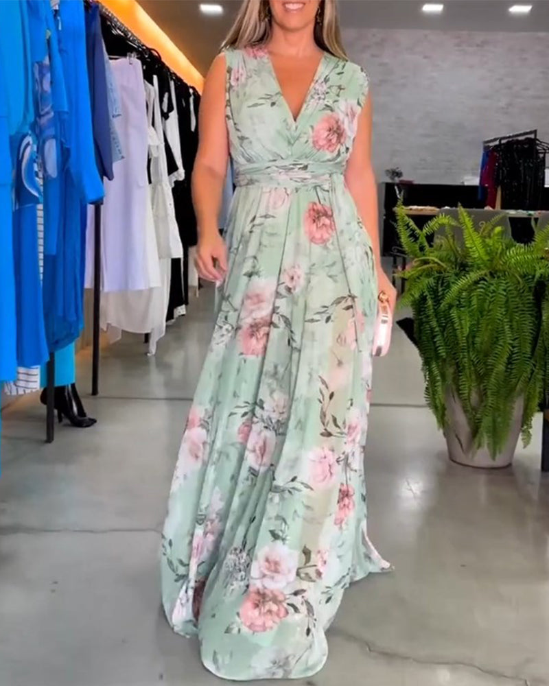 Venesa™ - Sophisticated Sleeveless V-neck Floral Dress
