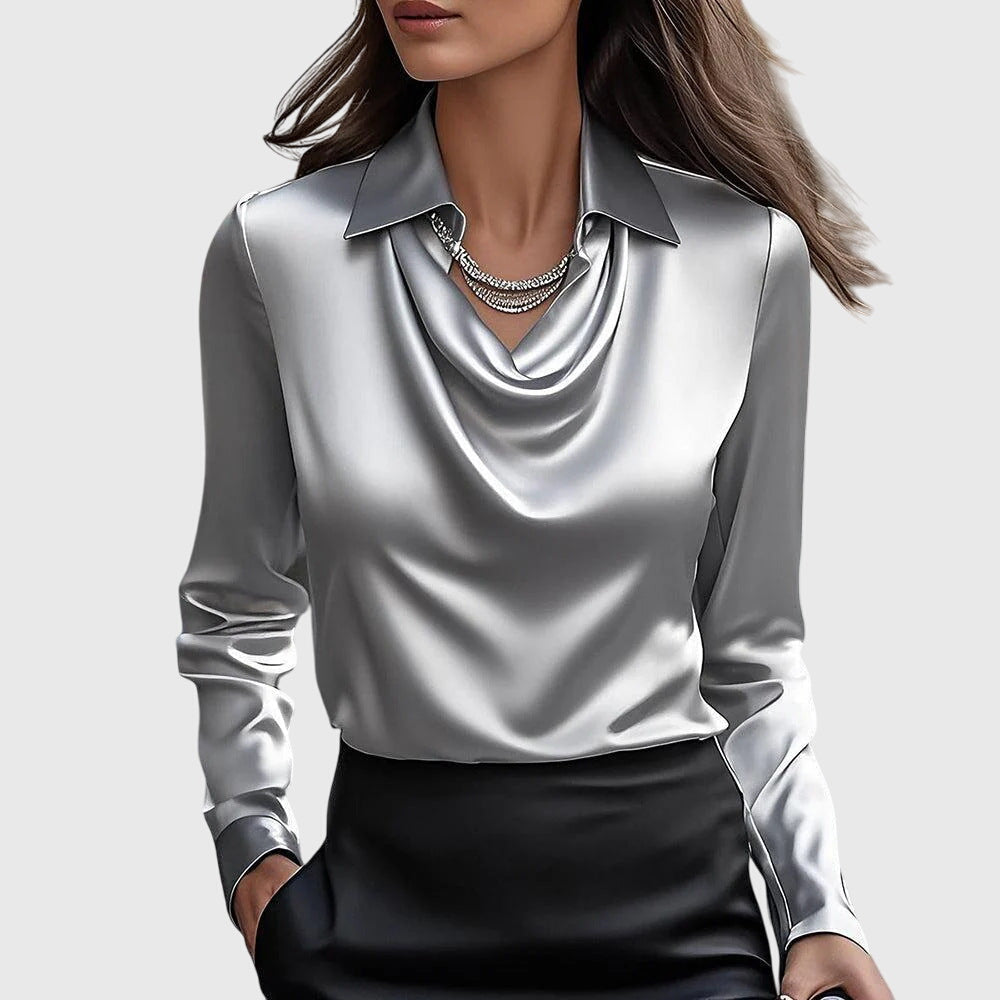 Sylvie | Satin Pleated-Neck Blouse