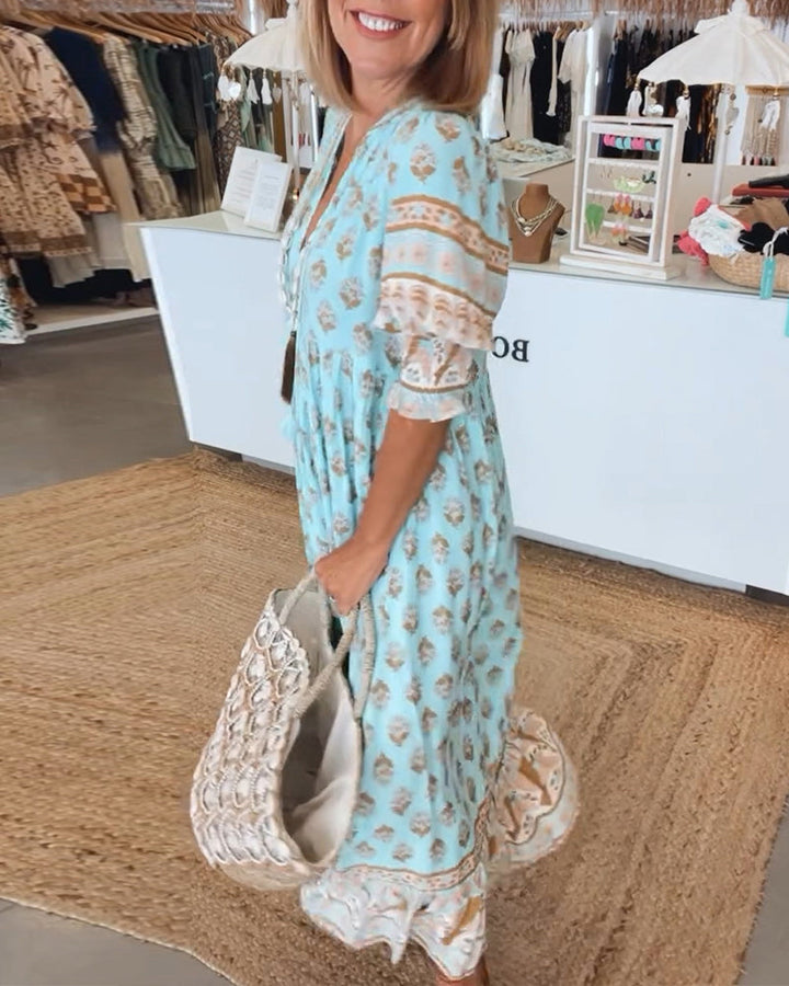 Miya – Casual V-Neck Printed Half-Sleeve Dress