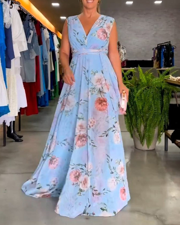 Venesa™ - Sophisticated Sleeveless V-neck Floral Dress