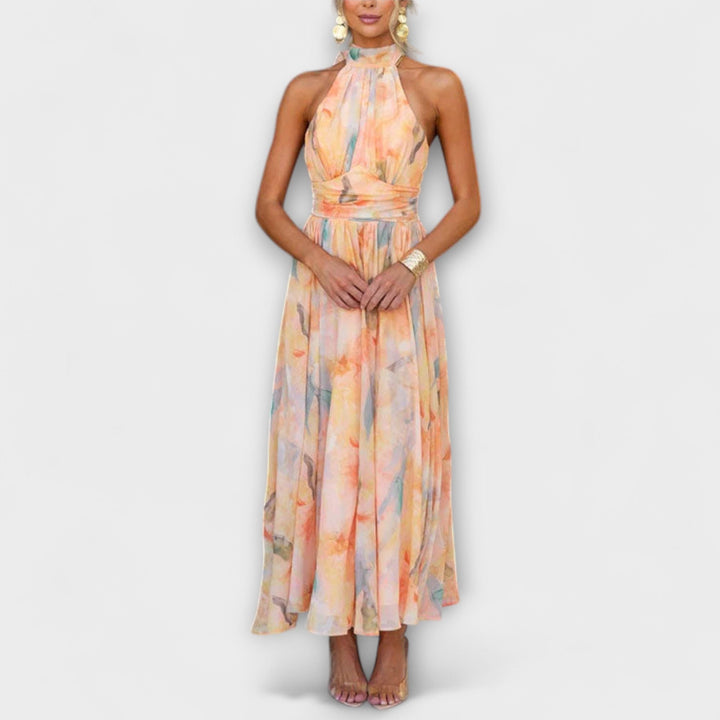 Halter-Neck Watercolor Maxi Dress