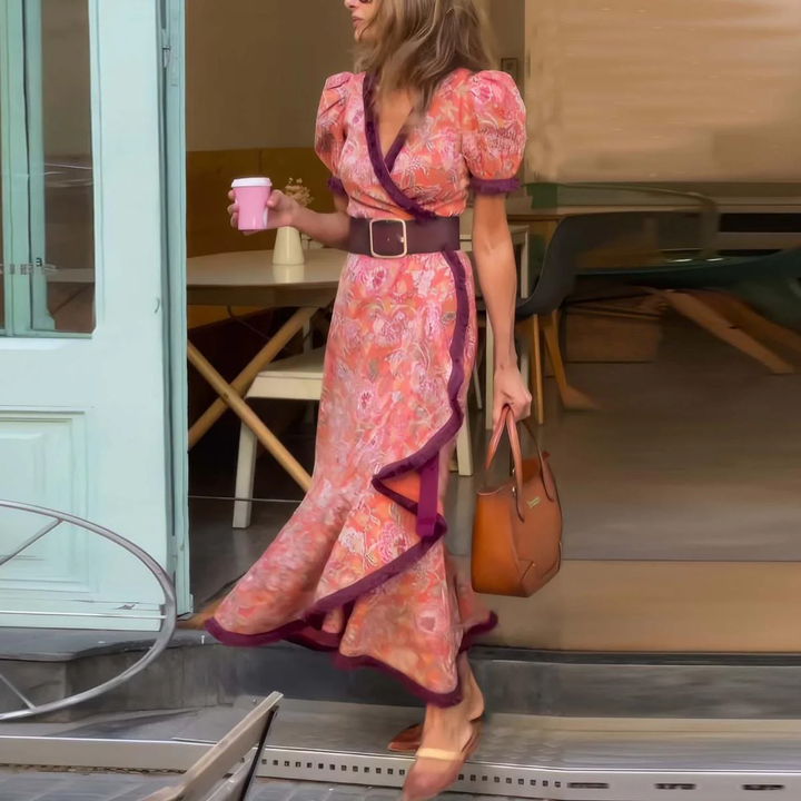 Elara – Elegant Pink Maxi Dress with Short Sleeves