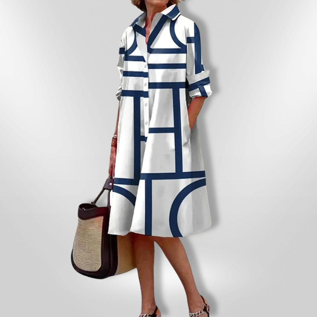 Isolde – Geometric Midi Dress with Polished Flair