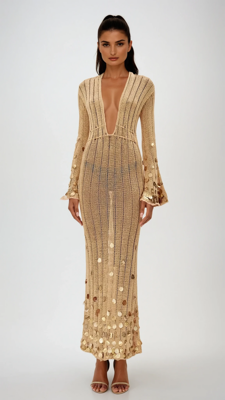Juliette – Elegant Sequin-Sleeved Maxi Dress