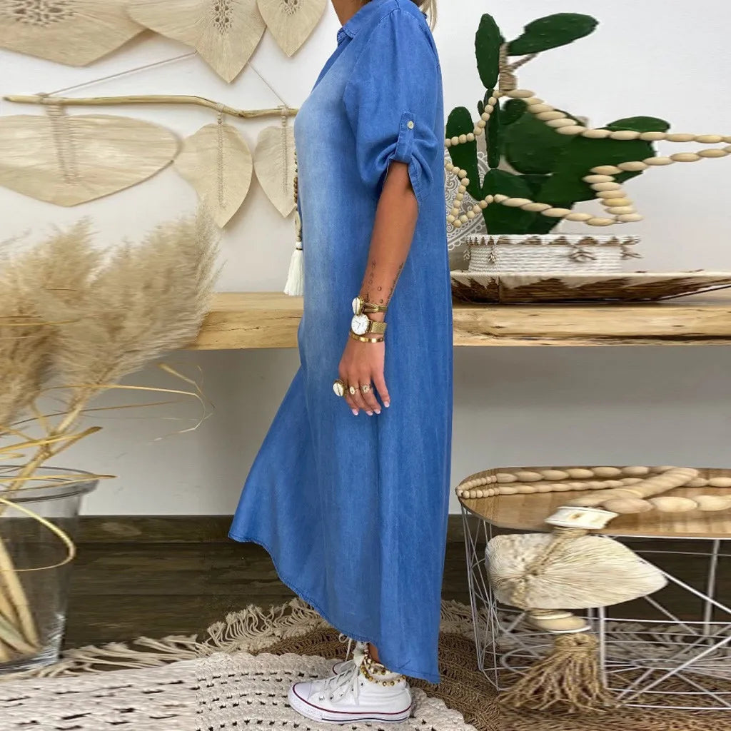 Lea™ | Denim-Inspired Maxi Dress