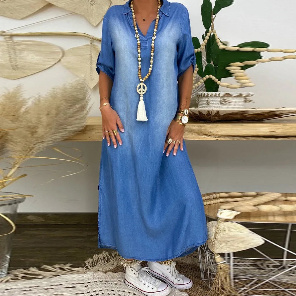 Lea™ | Denim-Inspired Maxi Dress