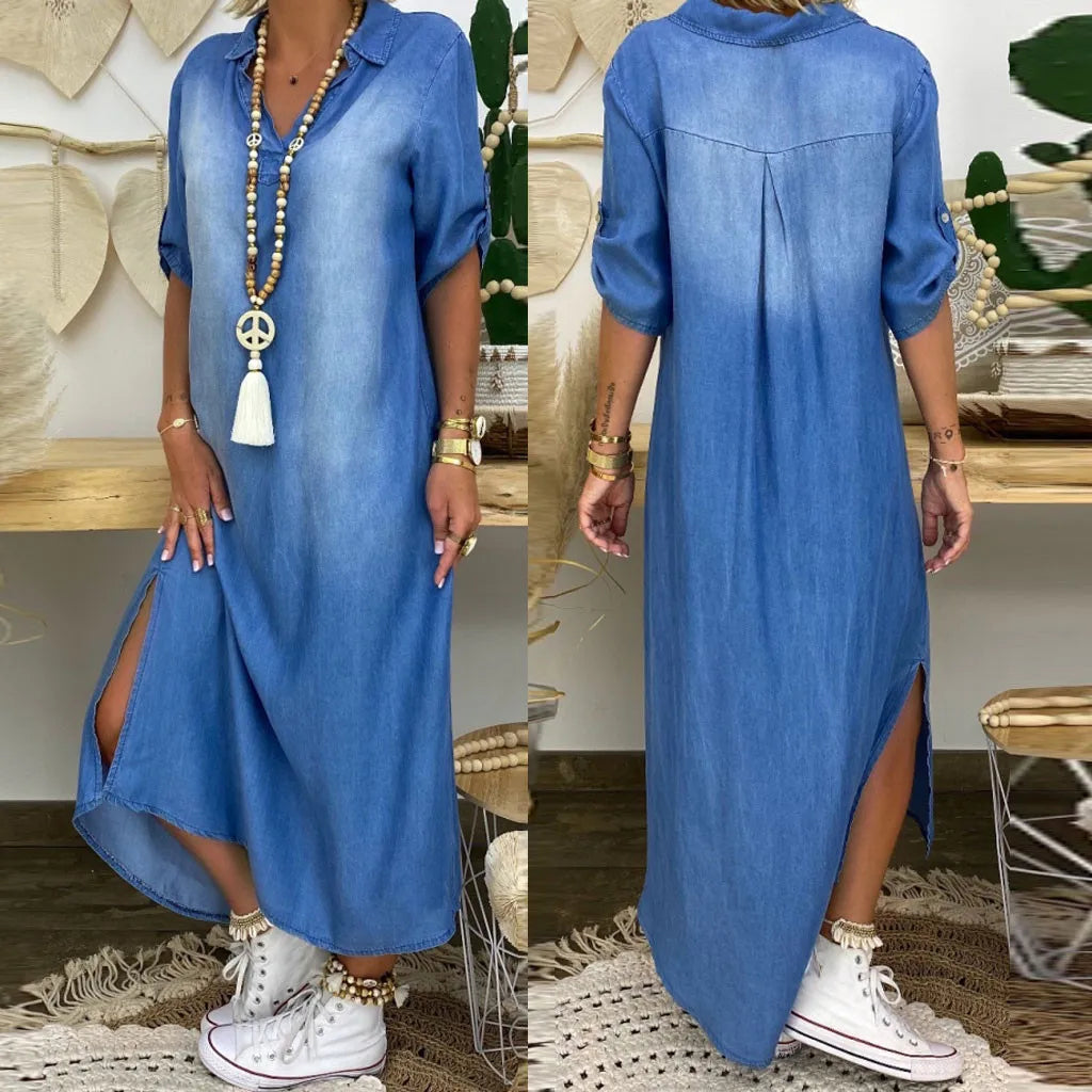 Lea™ | Denim-Inspired Maxi Dress