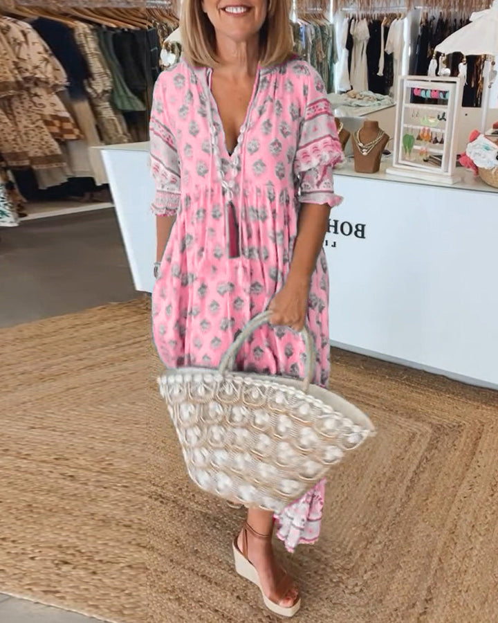 Miya – Casual V-Neck Printed Half-Sleeve Dress