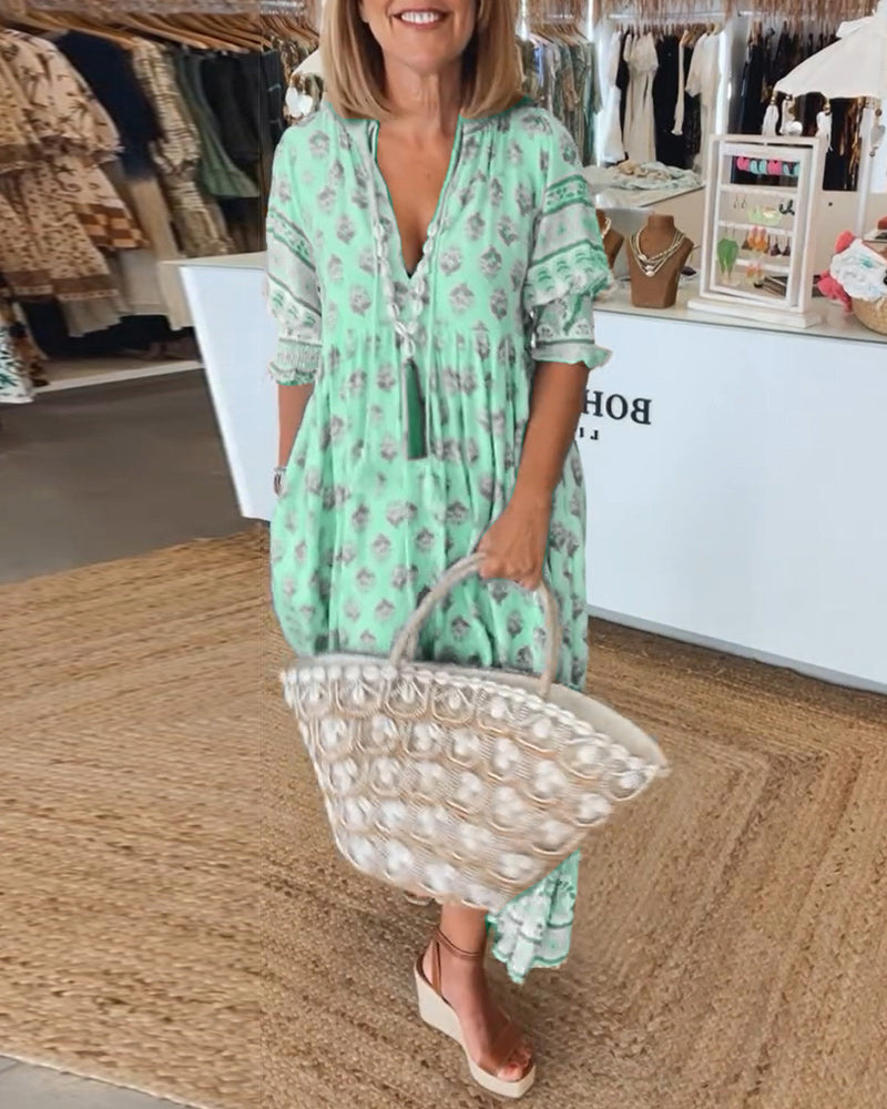 Miya – Casual V-Neck Printed Half-Sleeve Dress