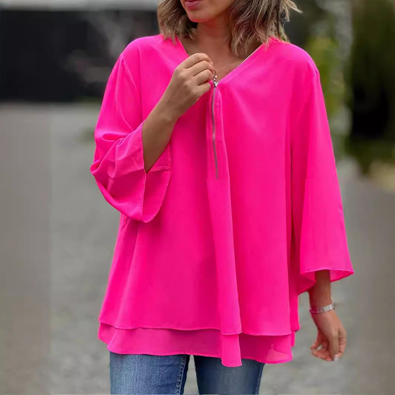 Heidi™ - V-Neck Zipped Flowing Top