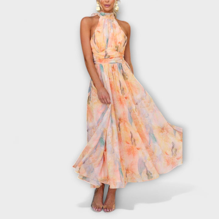 Halter-Neck Watercolor Maxi Dress