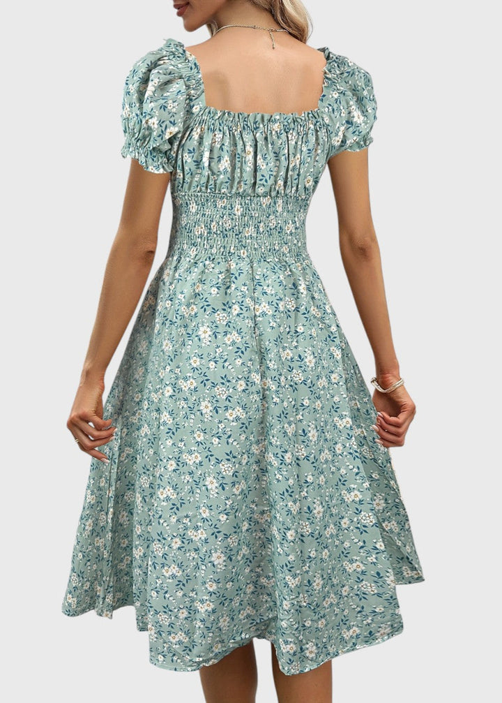 Nancy – Elegant Floral Midi Dress with Puff Sleeves