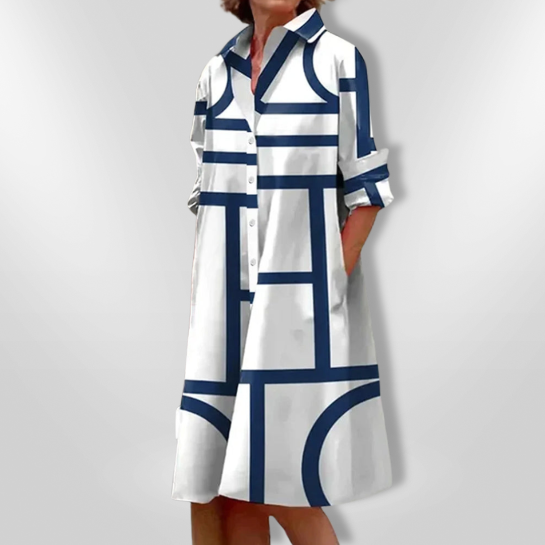 Isolde – Geometric Midi Dress with Polished Flair