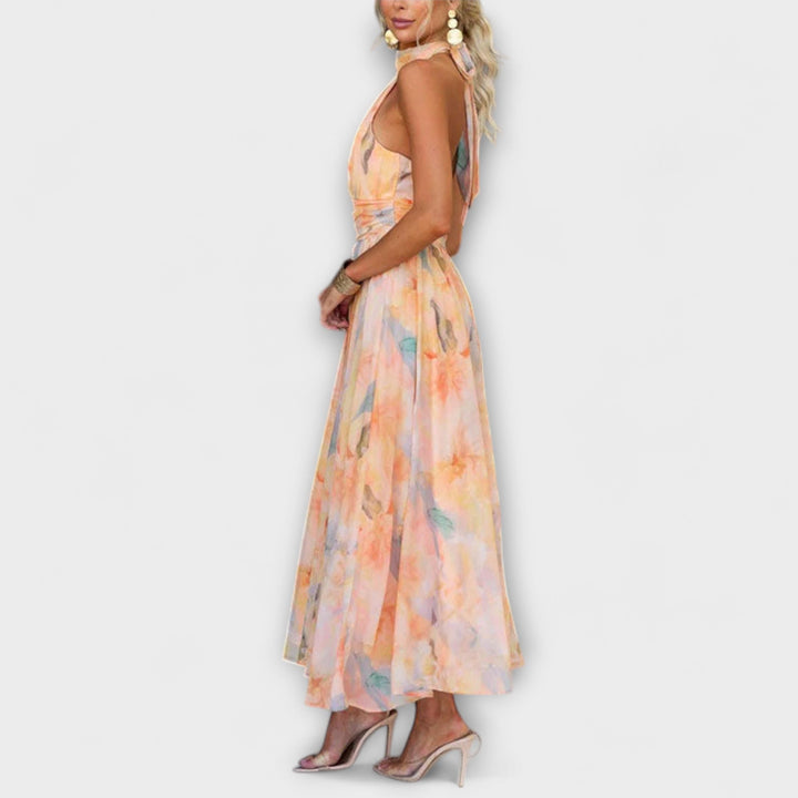 Halter-Neck Watercolor Maxi Dress