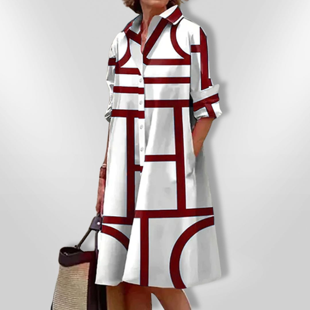 Isolde – Geometric Midi Dress with Polished Flair