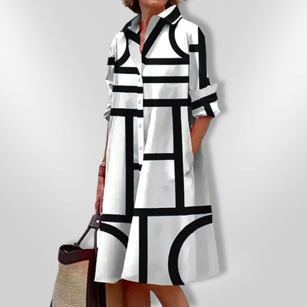 Isolde – Geometric Midi Dress with Polished Flair