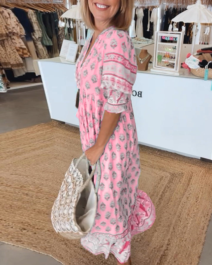 Miya – Casual V-Neck Printed Half-Sleeve Dress