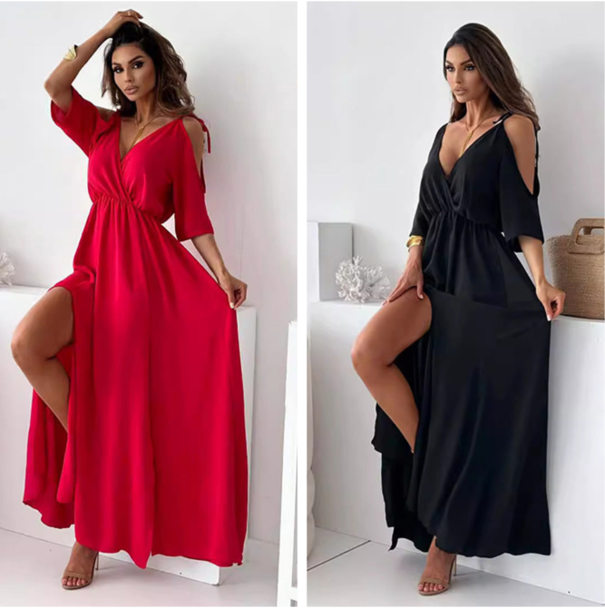 Elowen – Elegant V-Neck Dress with Side Slit