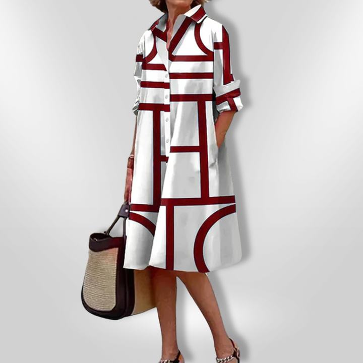 Isolde – Geometric Midi Dress with Polished Flair