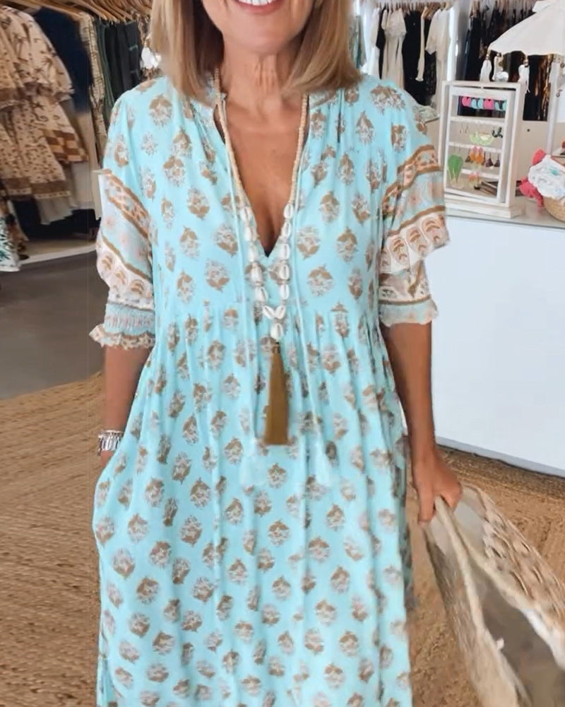 Miya – Casual V-Neck Printed Half-Sleeve Dress
