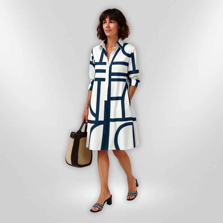 Isolde – Geometric Midi Dress with Polished Flair