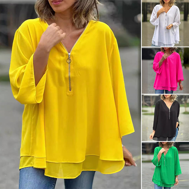 Heidi™ - V-Neck Zipped Flowing Top