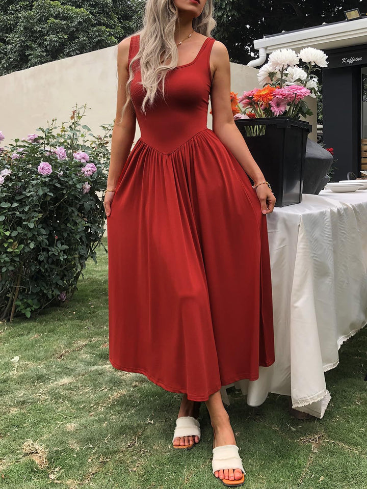 Elodie | Square Neck Pleated Midi Dress