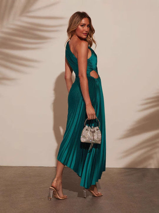 Elara | Satin One-Shoulder Pleated Dress