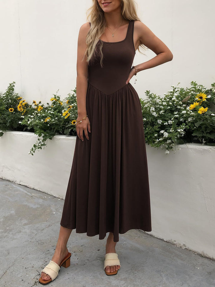 Elodie | Square Neck Pleated Midi Dress