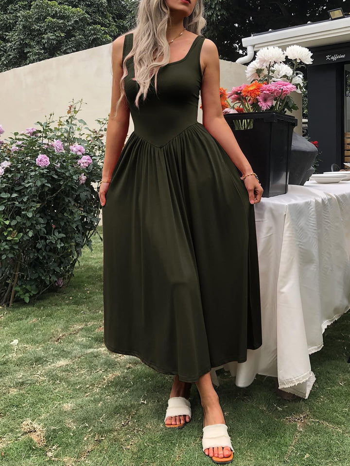 Elodie | Square Neck Pleated Midi Dress