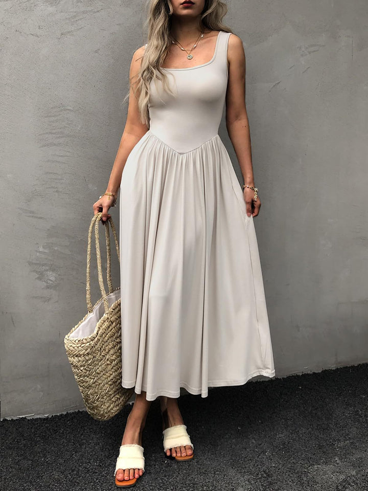 Elodie | Square Neck Pleated Midi Dress