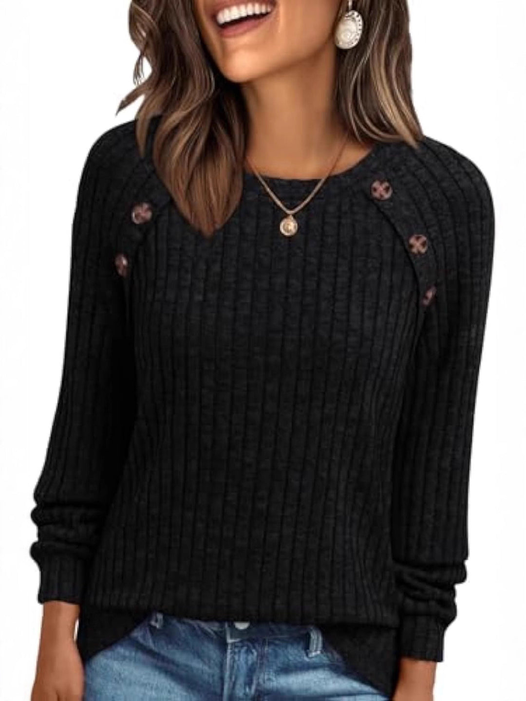 Mila | Button-Detail Ribbed Commuter Sweatshirt