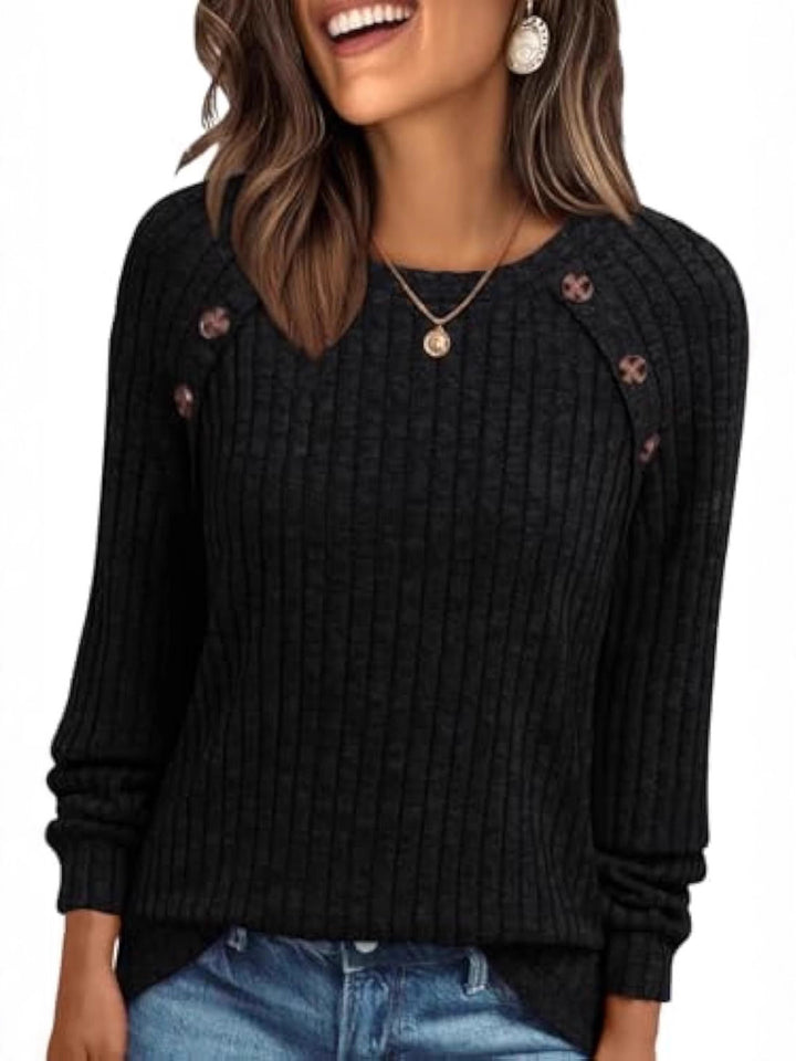 Mila | Button-Detail Ribbed Commuter Sweatshirt