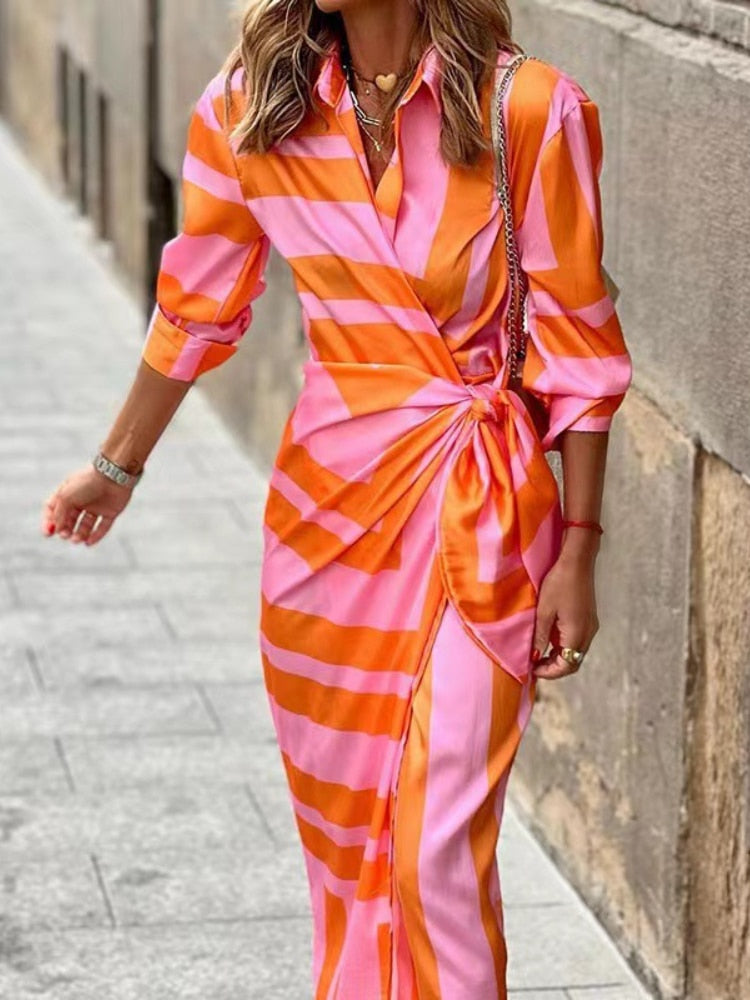 Bernice - Striped Midi Dress with Shirt Detail