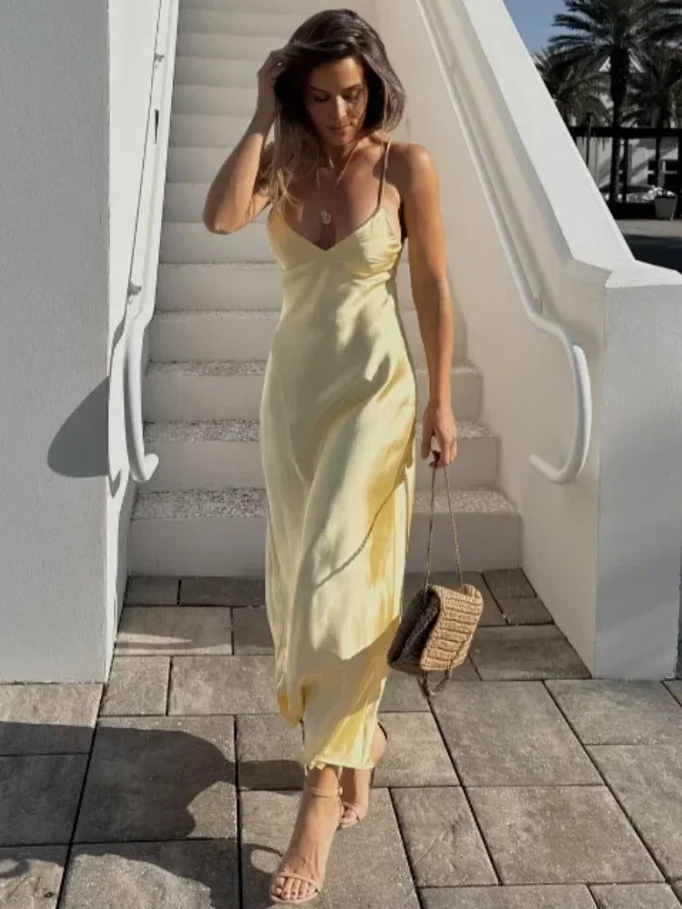 Selena™ | Elegant Yellow Satin Dress