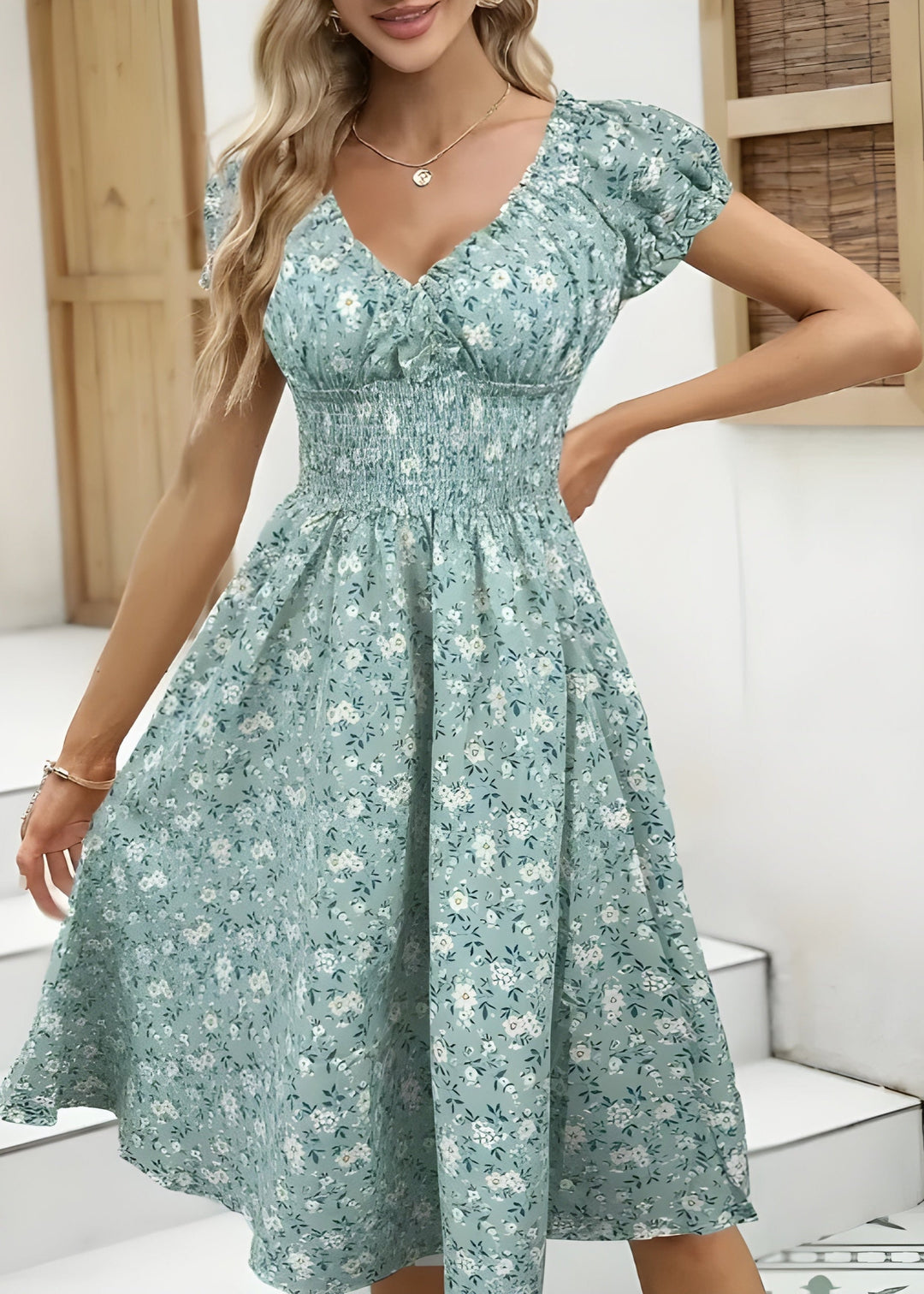 Nancy – Elegant Floral Midi Dress with Puff Sleeves