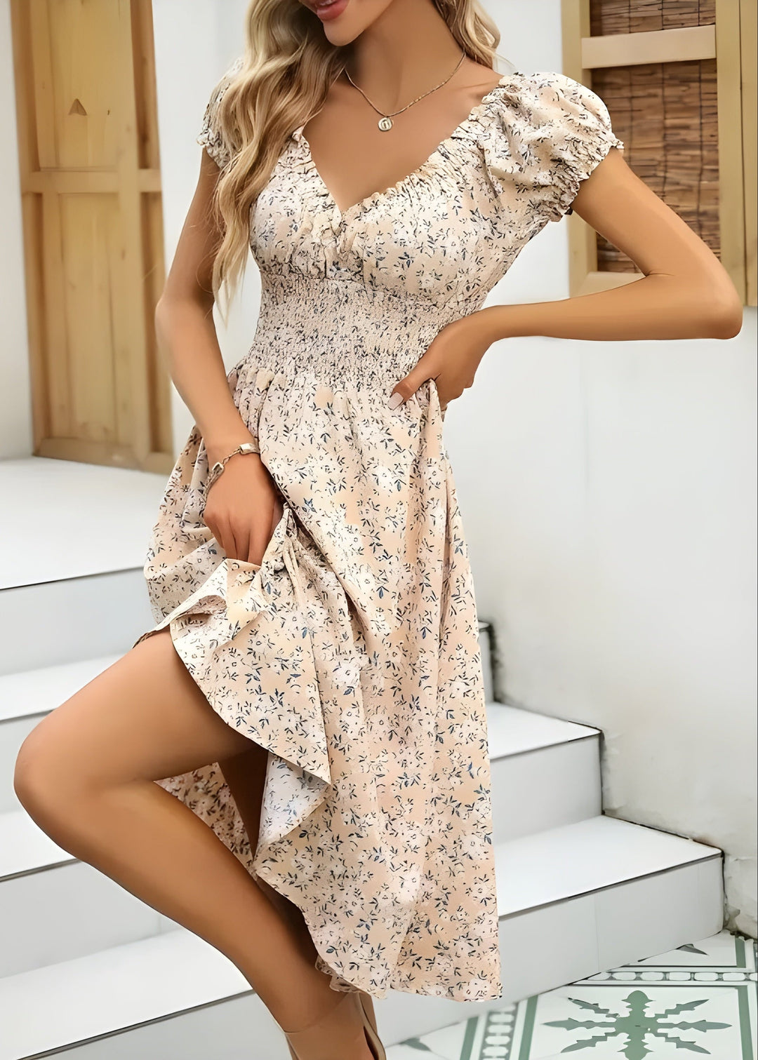 Nancy – Elegant Floral Midi Dress with Puff Sleeves