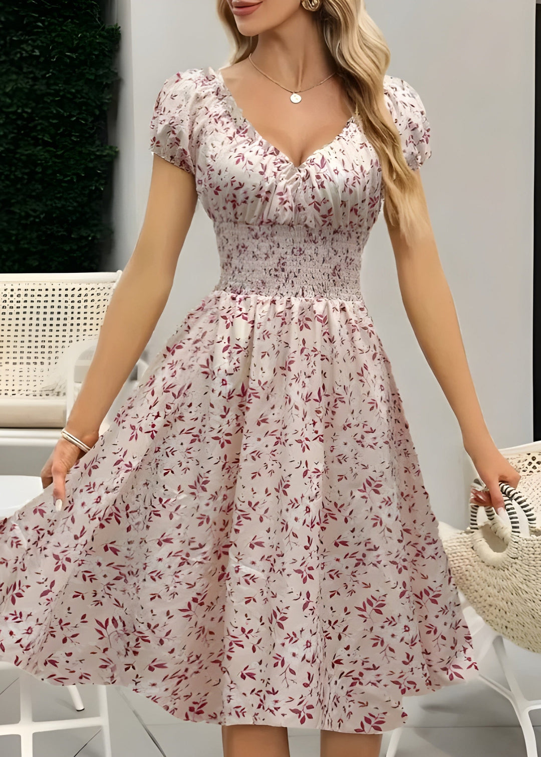 Nancy – Elegant Floral Midi Dress with Puff Sleeves