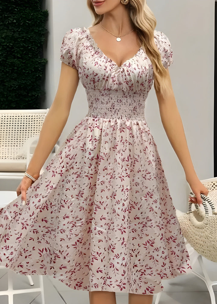 Nancy – Elegant Floral Midi Dress with Puff Sleeves
