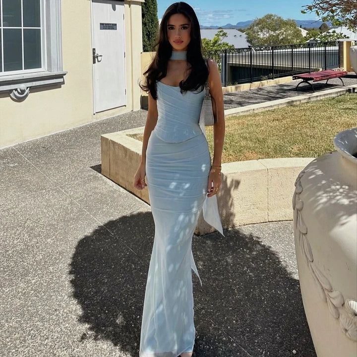 Mingmingxi™ | Elegant Strapless Blue Maxi Dress Set
