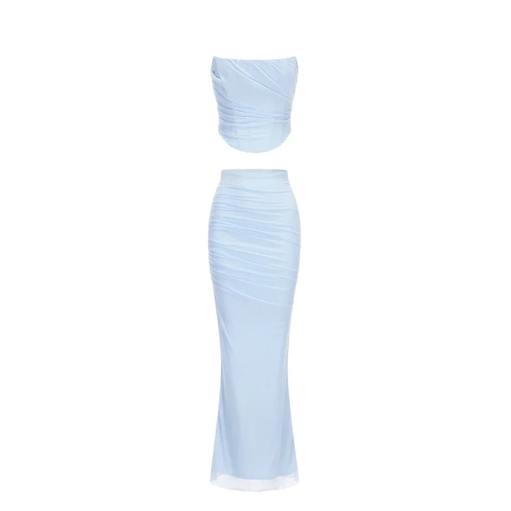 Mingmingxi™ | Elegant Strapless Blue Maxi Dress Set