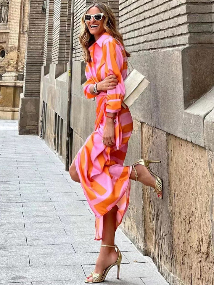Bernice - Striped Midi Dress with Shirt Detail