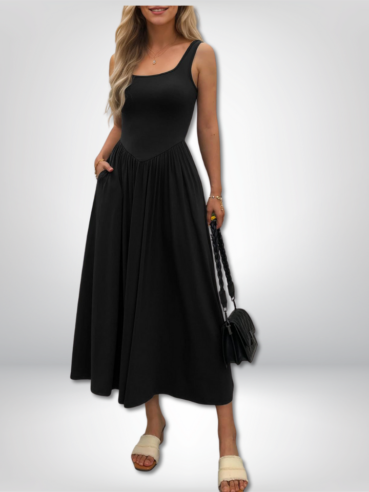 Elodie | Square Neck Pleated Midi Dress